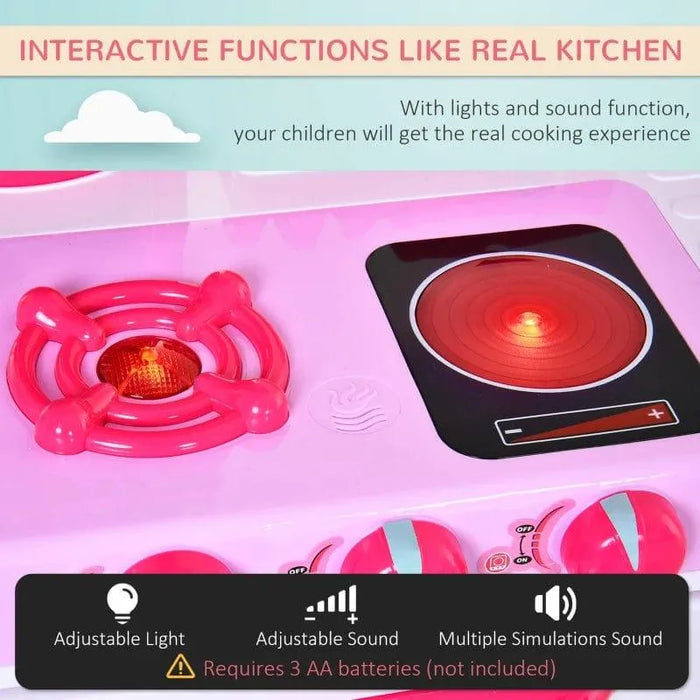 Pink kids kitchen playset stove with lights, sound, and interactive cooking features