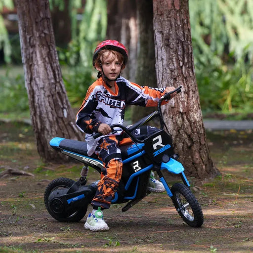 Kids Electric Dirt Bike with Twist Grip Throttle, Music, Horn and 12" Pneumatic Tyres 24V in Blue