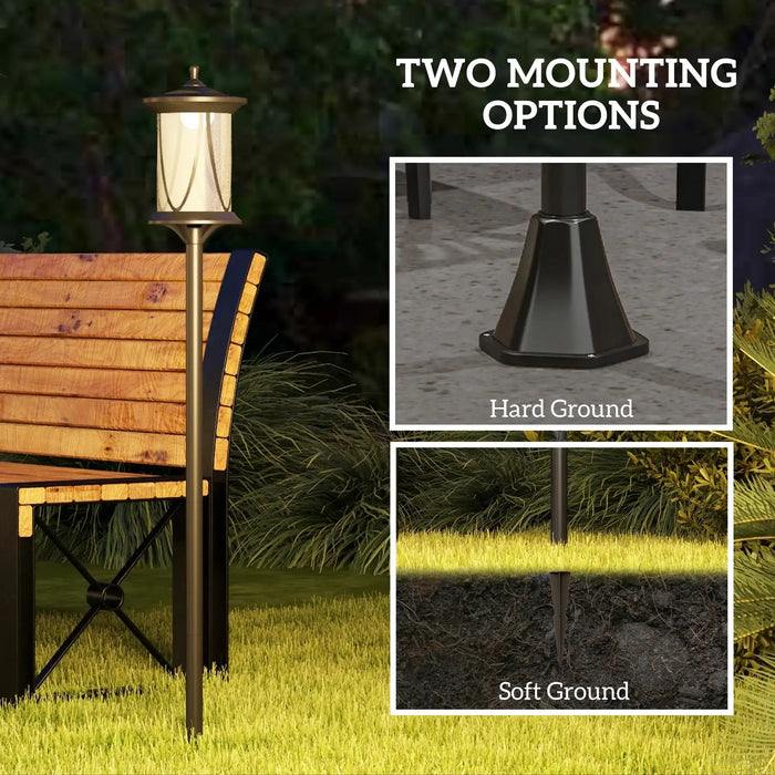 Outdoor garden lamp post with two mounting options for hard ground and soft ground near wooden bench