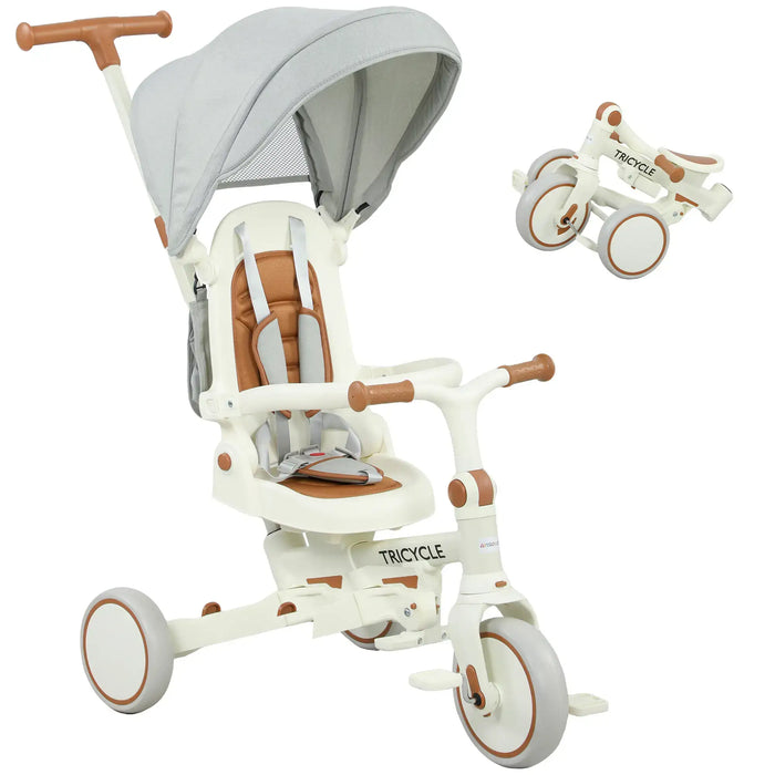 White and brown tricycle with canopy on a white background