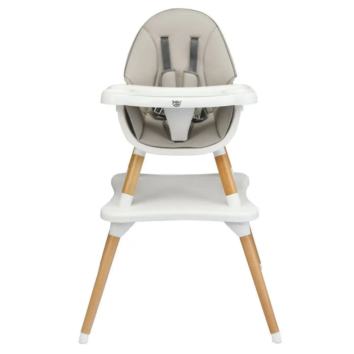 Children's high chair with beige seat and wooden legs on a white background