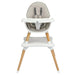 Children's high chair with beige seat and wooden legs on a white background