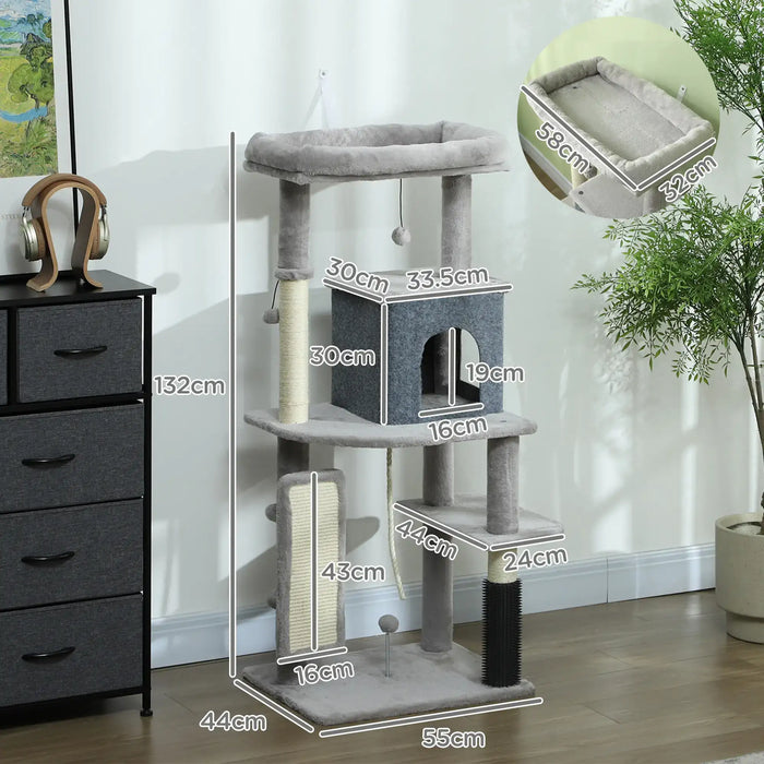 Gray multi-level cat tree with scratching posts, plush condo, and hanging toys with dimensions