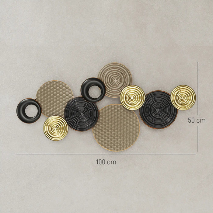 Decorative wall art with circular shapes in gold, black, and beige on a neutral background
