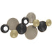 Decorative wall art with circular patterns in black, gold, and silver on a white background