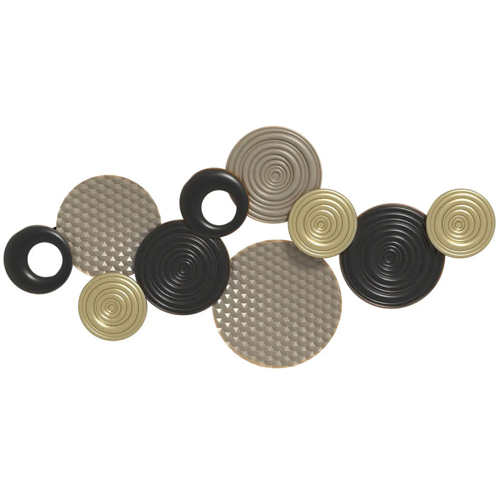 Decorative wall art with circular patterns in gold, black, and silver on a white background