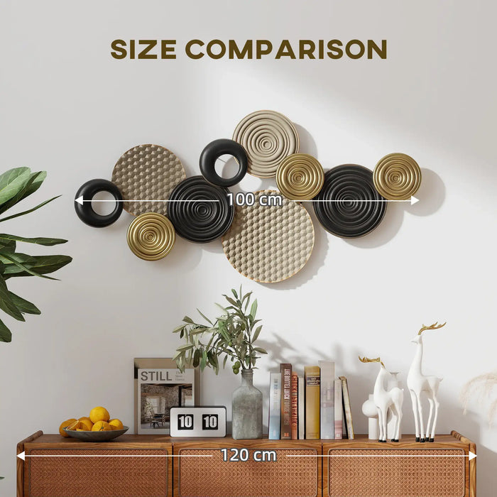 Decorative wall art with size comparison to a sideboard and decor items.