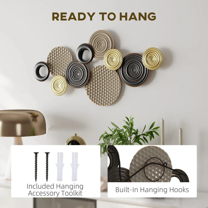 Decorative wall art with hanging accessories on a white wall.