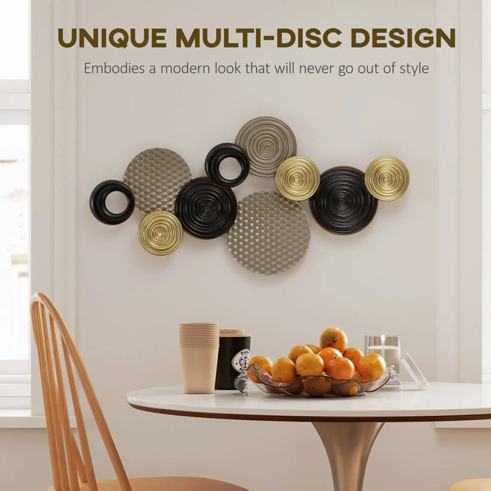 Decorative wall art with circular designs in a modern interior setting.