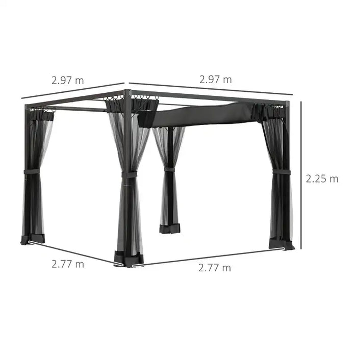 3x3m Aluminium Pergola – Dark Grey | Retractable Canopy Garden Shelter - Mesh Curtains OUTSUNNY - Little and Giant Explorers Outsunny