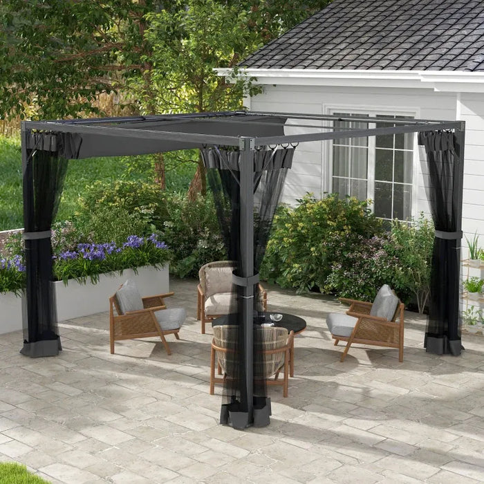 3x3m Aluminium Pergola – Dark Grey | Retractable Canopy Garden Shelter - Mesh Curtains OUTSUNNY - Little and Giant Explorers Outsunny