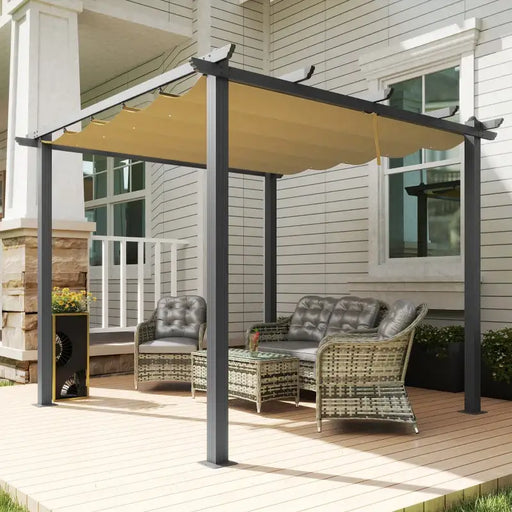 3x3m Aluminium Pergola – Khaki | Retractable Roof - Drainage and Secure Fixings OUTSUNNY - Little and Giant Explorers Outsunny
