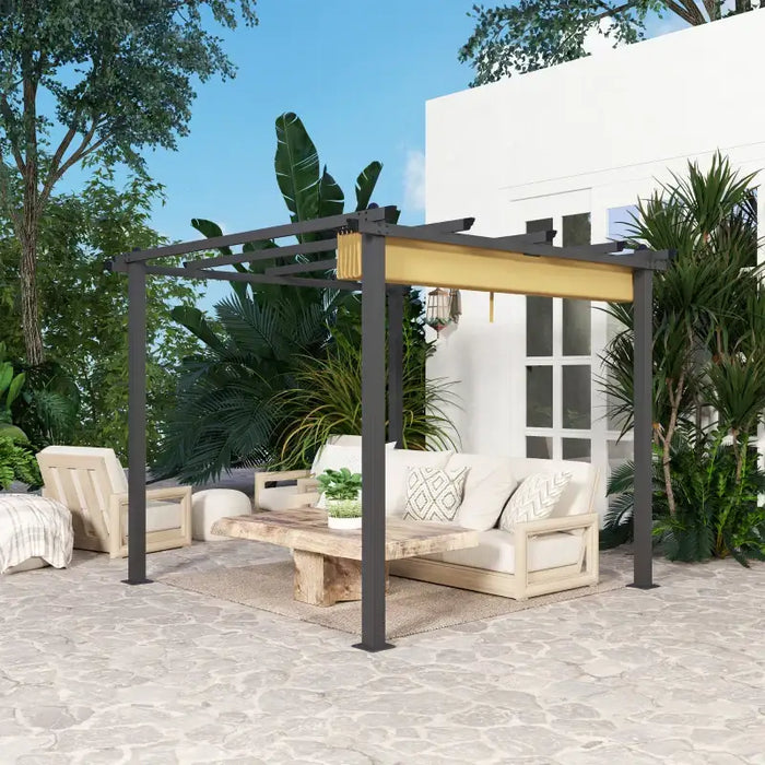3x3m Aluminium Pergola – Khaki | Retractable Roof - Drainage and Secure Fixings OUTSUNNY - Little and Giant Explorers Outsunny