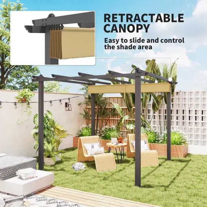 3x3m Aluminium Pergola – Khaki | Retractable Roof - Drainage and Secure Fixings OUTSUNNY - Little and Giant Explorers Outsunny