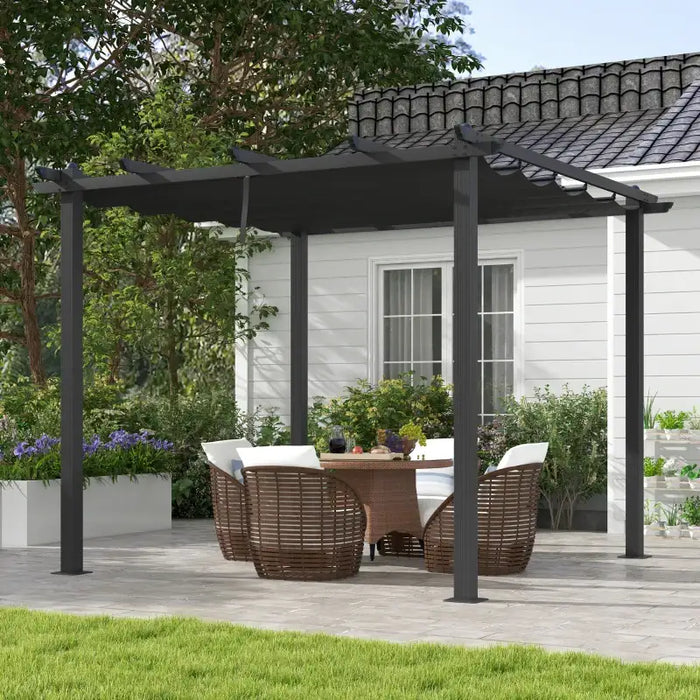 3x3m Retractable Pergola – Dark Grey | Aluminium Garden Shelter with Sliding Canopy OUTSUNNY - Little and Giant Explorers Outsunny