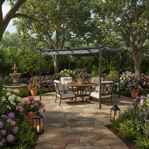 3x3m steel pergola with retractable anthracite canopy, patio furniture, and garden flowers
