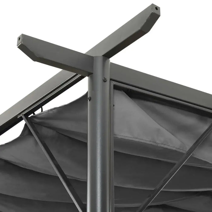 Steel pergola with anthracite retractable canopy, modern garden patio shelter detail