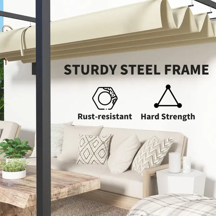 3x4m Steel Pergola – Khaki | Wall-Mounted Garden Shelter - Retractable Roof and Drainage OUTSUNNY - Little and Giant Explorers Outsunny