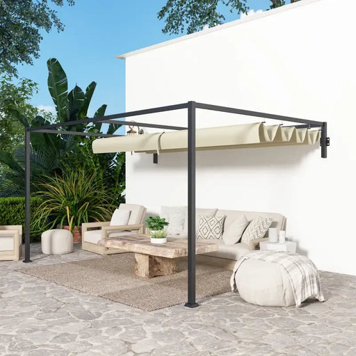 3x4m Steel Pergola – Khaki | Wall-Mounted Garden Shelter - Retractable Roof and Drainage OUTSUNNY - Little and Giant Explorers Outsunny