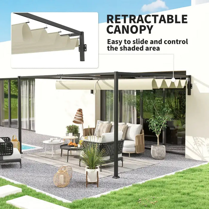 3x4m Steel Pergola – Khaki | Wall-Mounted Garden Shelter - Retractable Roof and Drainage OUTSUNNY - Little and Giant Explorers Outsunny