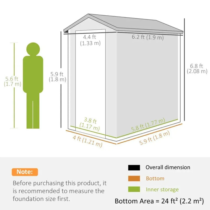 4.4FT x 6.2FT Aluminium Frame and Plastic Wall Shed with Foundation in Grey - Little and Giant Explorers Outsunny