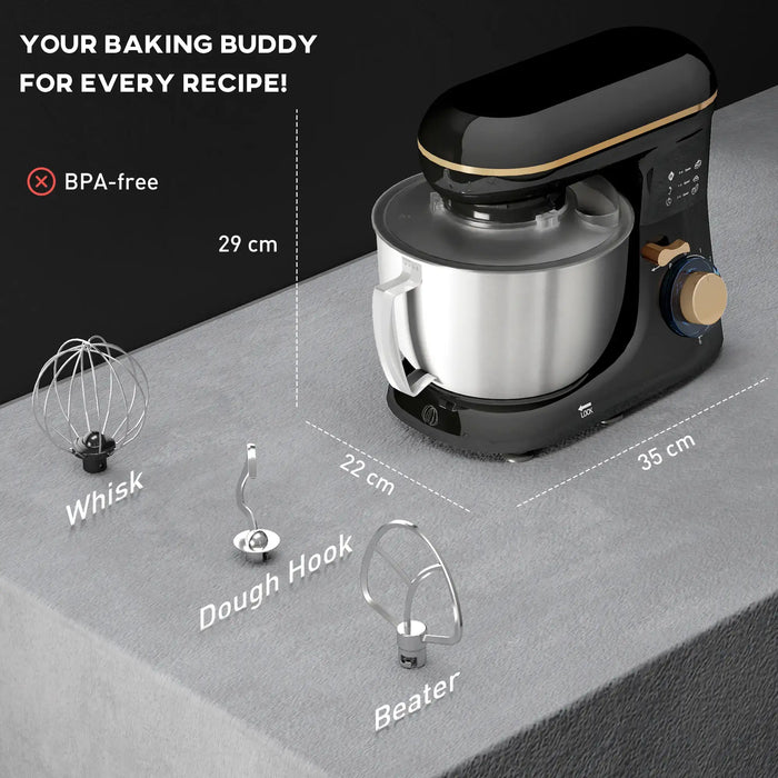 Black stand mixer with attachments on a gray surface, dimensions indicated.