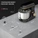 Black stand mixer with attachments on a gray surface, dimensions indicated.