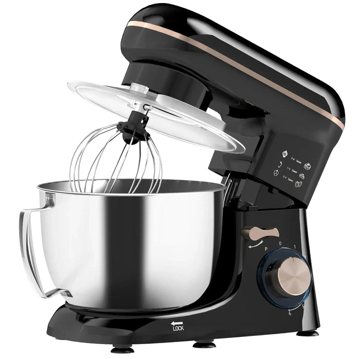 Black stand mixer with silver bowl and whisk attachment on a white background