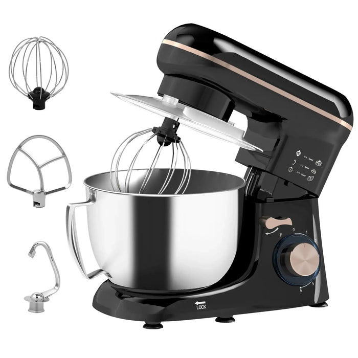 Black stand mixer with stainless steel bowl and attachments on a white background