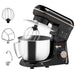 Black stand mixer with stainless steel bowl and attachments on a white background