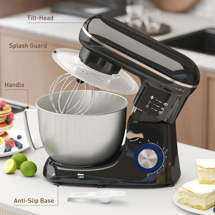 Black stand mixer with labeled parts on a kitchen counter