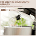 Kitchen mixer with whisk attachment in a bowl, text about achieving melt-in-your-mouth results.