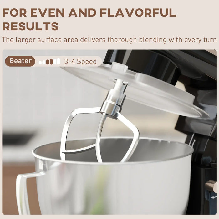 Kitchen mixer with beater attachment in use, showing text about even and flavorful results.