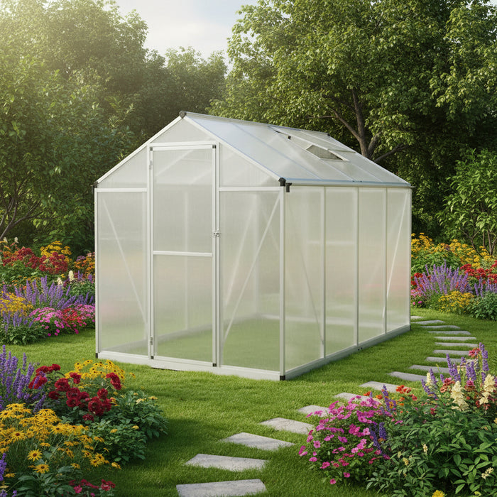 Aluminium frame walk-in greenhouse with double-walled polycarbonate in a flower garden