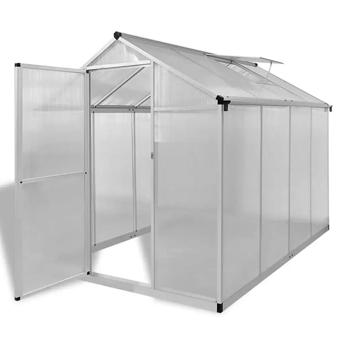 Walk-in aluminium frame greenhouse with clear polycarbonate panels and roof vent