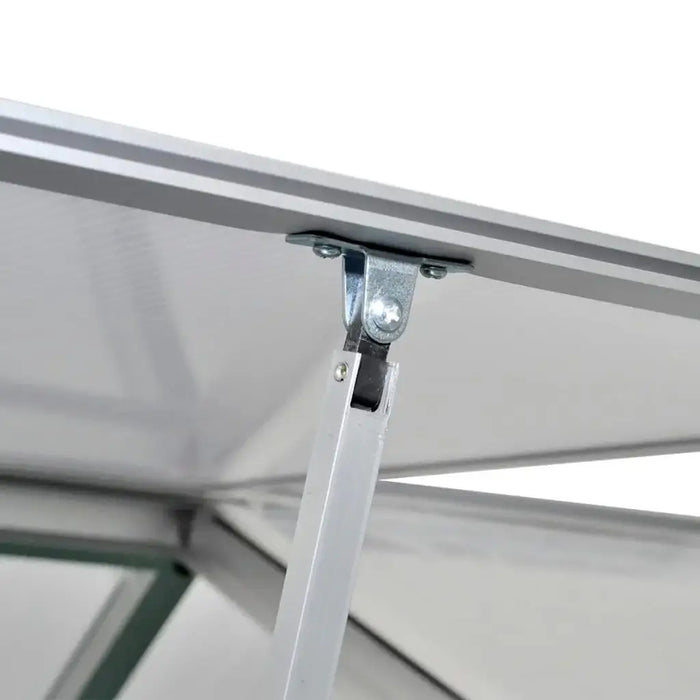 Aluminium frame roof vent detail on walk-in greenhouse with polycarbonate panels