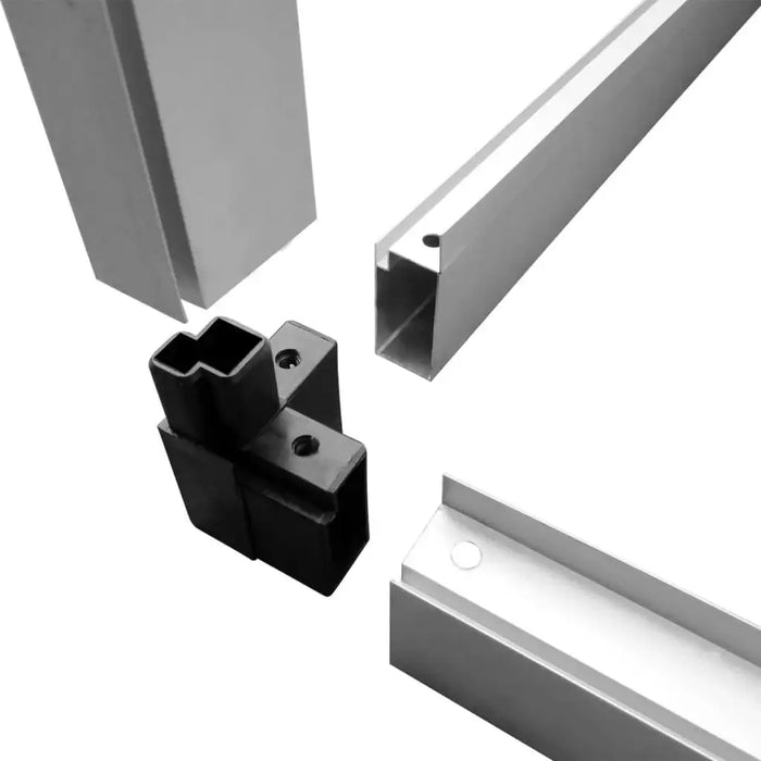 Aluminium greenhouse frame parts with black connector, close-up view