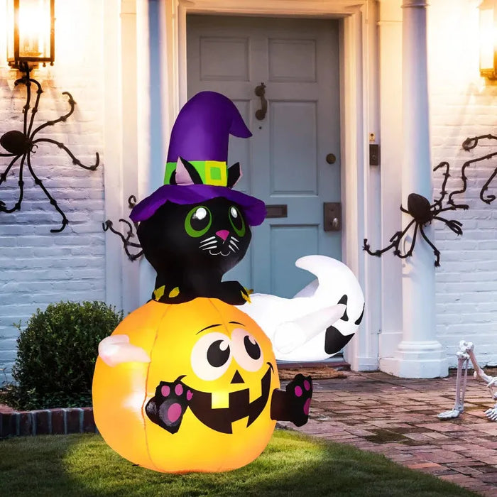 4.9FT Tall Halloween Inflatable Black Cat Riding Pumpkin with LED Lights - Little and Giant Explorers Outsunny