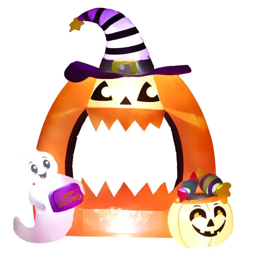 4.9FT Tall Halloween Inflatable Pumpkin Archway with Cute Ghost and LED Lights - Little and Giant Explorers Outsunny