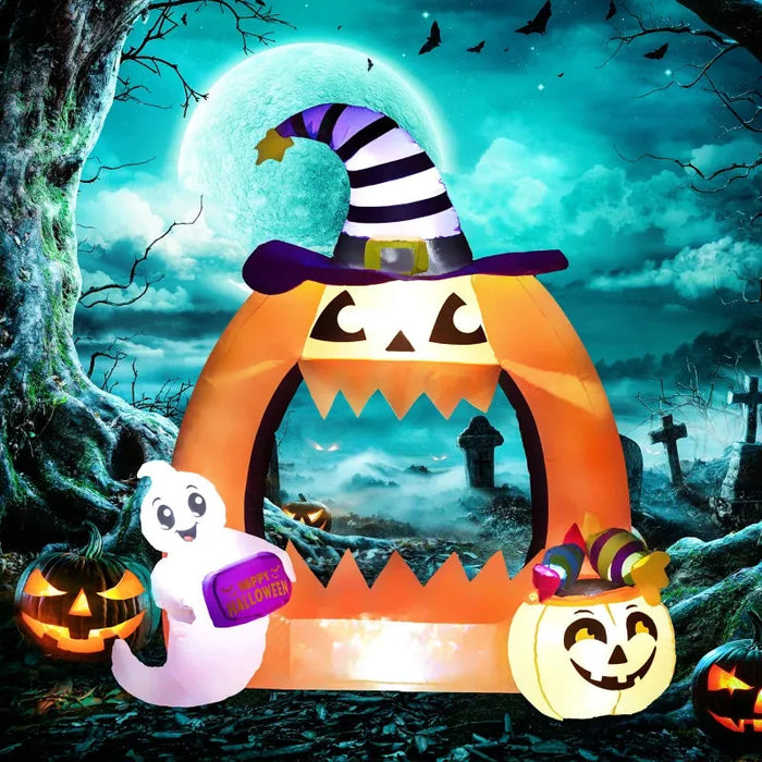 4.9FT Tall Halloween Inflatable Pumpkin Archway with Cute Ghost and LED Lights - Little and Giant Explorers Outsunny