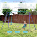 Purple and blue kids garden swing set with glider and two swings in backyard