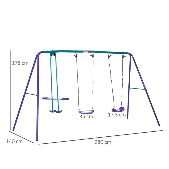 Purple and blue kids' garden swing set with double swings, glider, and size dimensions shown.