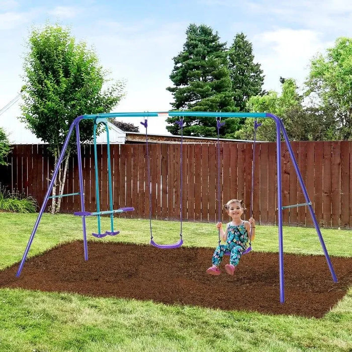 Child on purple and blue garden swing set with double swings and glider in backyard