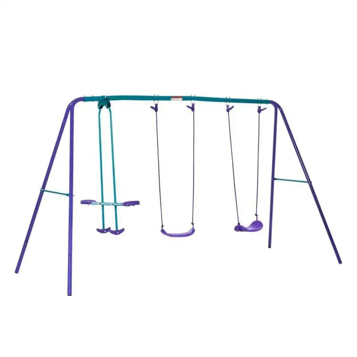Purple and blue kids garden swing set with double swings and glider, adjustable heights