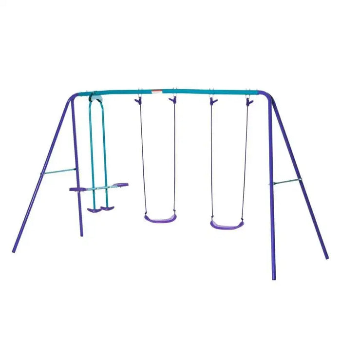 Purple and blue kids garden swing set with two swings and a glider on metal frame