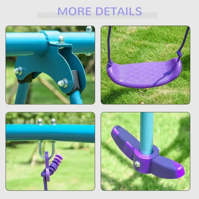 Purple and blue child garden swing set details with seats, metal frame, and rope attachments on grass