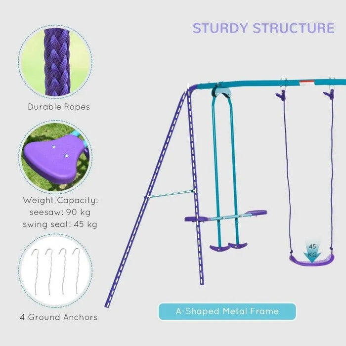 Purple and blue child garden swing set with double swings, glider, and A-shaped metal frame.