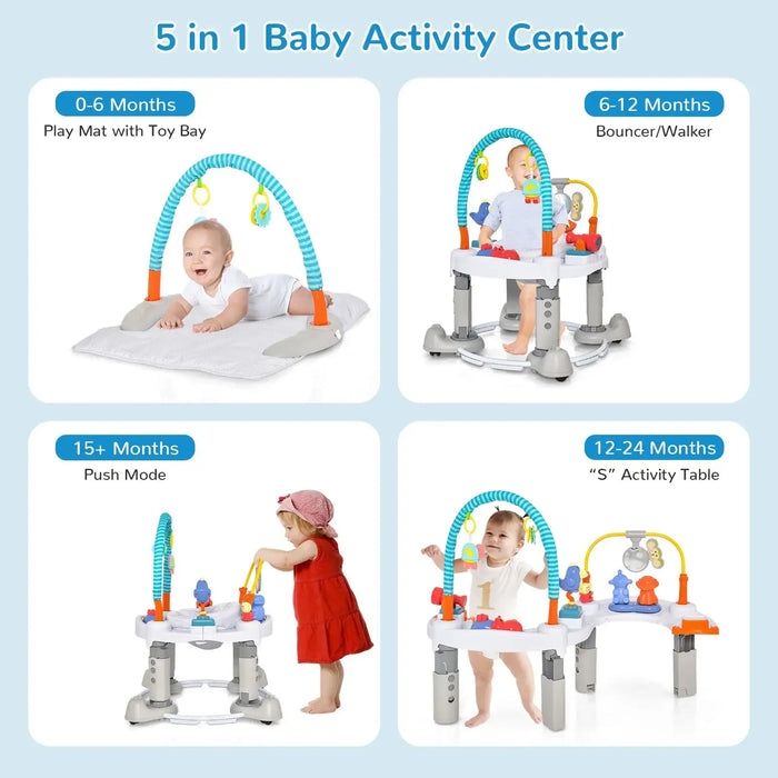 5 in 1 baby activity center modes for 0-24 months including play mat, bouncer, walker, activity table, and push mode