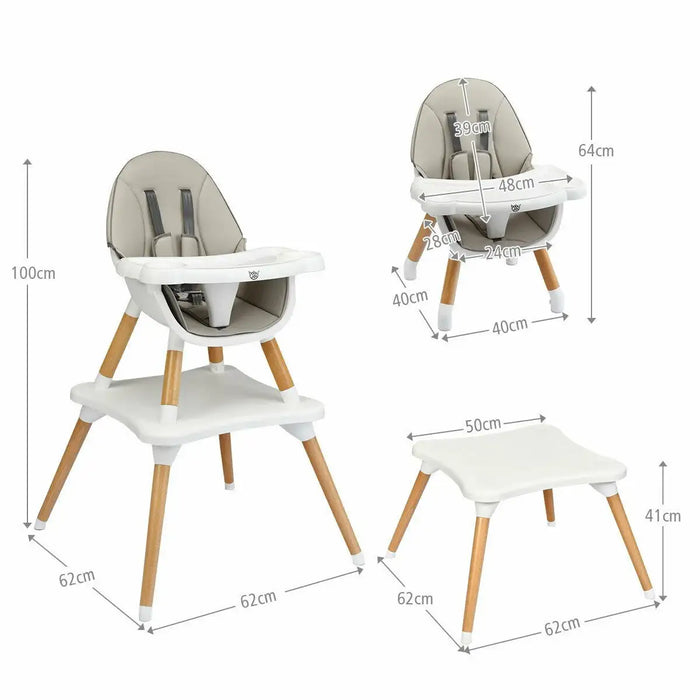 Baby high chair with dimensions on a white background