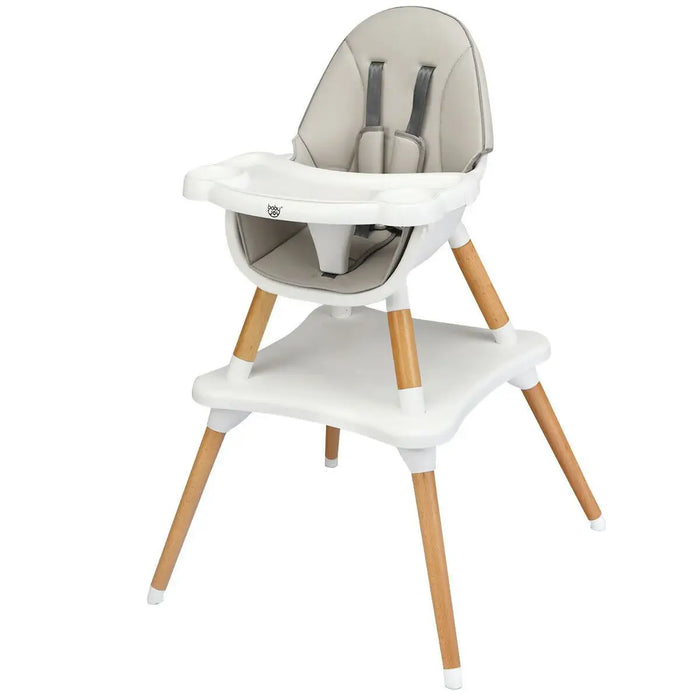 Baby high chair with beige cushion and wooden legs on a white background